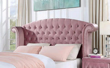Load image into Gallery viewer, Glam Pink Upholstered Tufted Velvet Like Fabric 4pc Full Size Bed Set Dresser Mirror Nightstand Bedroom Furniture