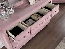 Load image into Gallery viewer, Glam Pink Upholstered Tufted Velvet Like Fabric 4pc Full Size Bed Set Dresser Mirror Nightstand Bedroom Furniture
