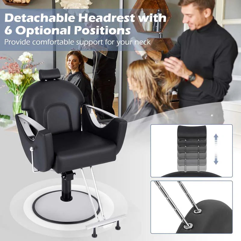 Reclining Barber Chair, 360° Swivel Salon Chair with Heavy Duty Hydraulic Pump, Adjustable Height & Headrest for Hair Styling, Makeup, Tattoo