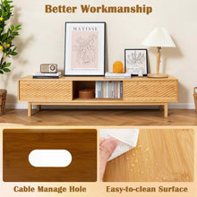 Load image into Gallery viewer, 63" Bamboo TV Stand for Up to 70" TVs, Mid Century Modern Entertainment Center Media Console with Sliding Doors &amp; 3 Storage Cubbies for Living Room