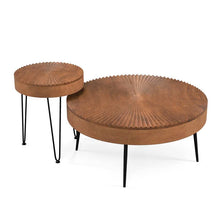 Load image into Gallery viewer, Boho Farmhouse Round Coffee Table Set of 2, Solid Pine Wood Nesting End Table with Metal Legs, Adjustable Foot Pads for Living Room