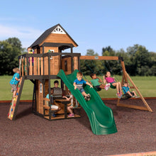 Load image into Gallery viewer, Backyard Discovery Canyon Creek Cedar Wood Swing Set with Wave Slide. Clubhouse. Play Kitchen. Picnic Area. Belt Swings. Web Swing. Rock Wall. Balconies. Playhouse. Step Ladder. Outdoor Playset - White