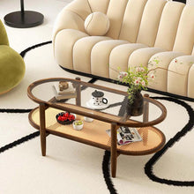 Load image into Gallery viewer, 2-Tier Oval Boho Coffee Table with Tempered Glass Top, Rattan Shelf &amp; Acacia Wood Frame, Mid Century Modern Center Table for Living Room Office