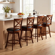 Load image into Gallery viewer, Set of 2 Swivel Counter Height Bar Stools, 25" Rubber Wood Barstools with High Back, Footrest &amp; Faux Leather Upholstered Seat for Kitchen Island