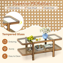 Load image into Gallery viewer, 2-Tier Rattan Coffee Table, 47.5" Solid Wood Rectangle Tea Table with Tempered Glass Top &amp; Storage Shelf, Farmhouse Boho Center Table for Living Room