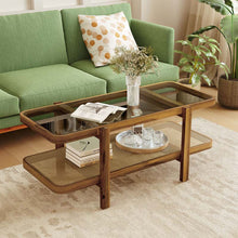 Load image into Gallery viewer, 2-Tier Rattan Coffee Table, 47.5" Solid Wood Rectangle Tea Table with Tempered Glass Top &amp; Storage Shelf, Farmhouse Boho Center Table for Living Room