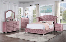 Load image into Gallery viewer, Glam Pink Upholstered Tufted Velvet Like Fabric 4pc Full Size Bed Set Dresser Mirror Nightstand Bedroom Furniture
