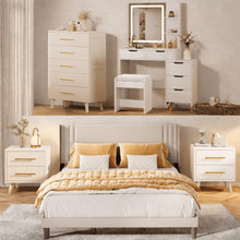 Load image into Gallery viewer, Bedroom Furniture Set with Queen Bed Frame, 2 Nightstands, 5-Drawer Dresser and Vanity Desk, Modern Beige/White Storage Set