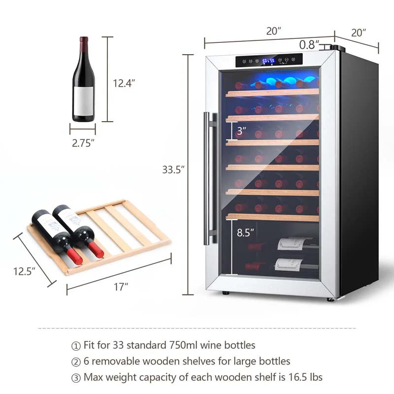 20 Inch 33 Bottles Wine Cooler Refrigerator Built-In or Freestanding Mini Wine Fridge with 2-Layer Tempered Glass Door & Dual Alarm Function