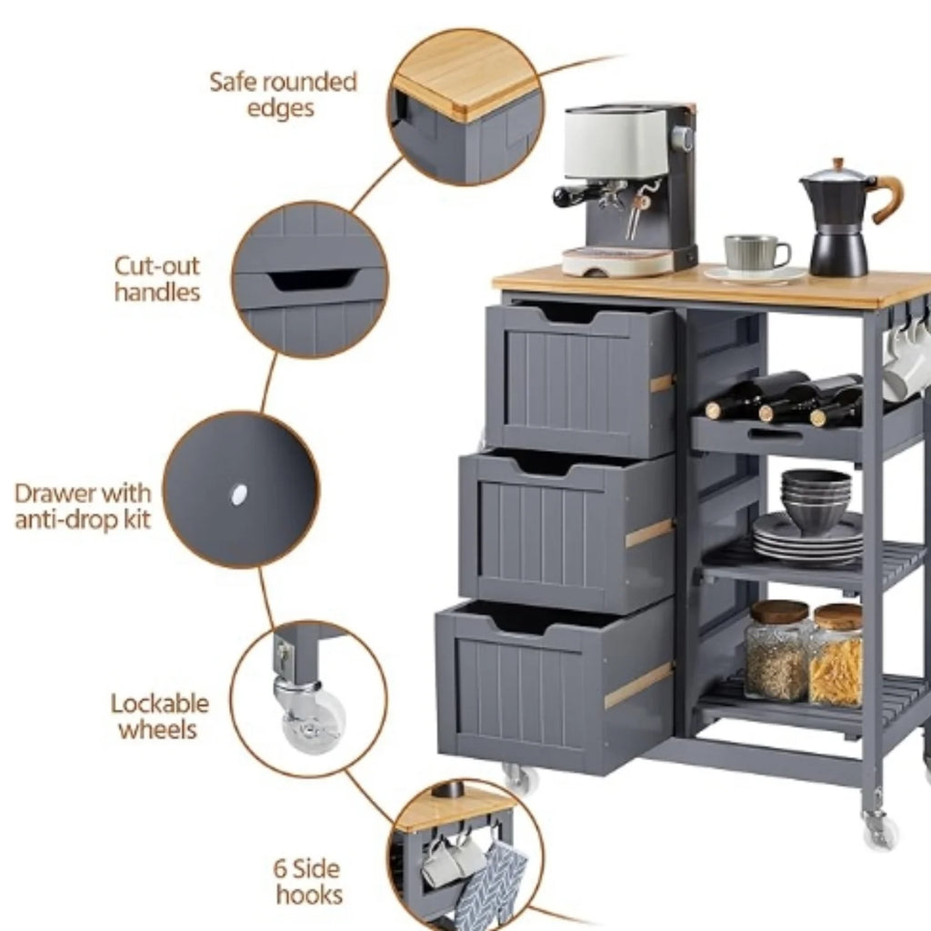 Kitchen Island Cart on Wheels with Storage, Rolling Bar Cart with Solid Wood Top and 3 Drawers, 3 Removable Shelves, Serving Utility Carts for Dining Room/Small Kitchen, Dark Gray ???