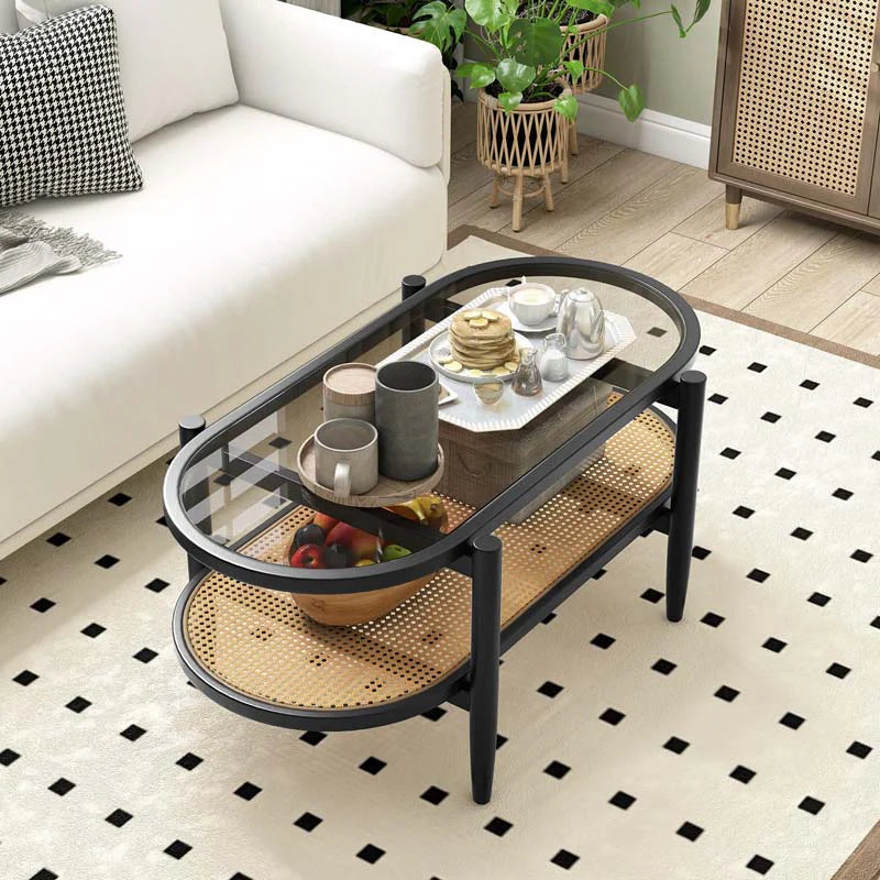 2-Tier Oval Boho Coffee Table with Tempered Glass Top, Rattan Shelf & Acacia Wood Frame, Mid Century Modern Center Table for Living Room Office