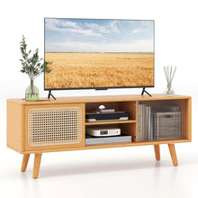 Load image into Gallery viewer, Mid Century Modern TV Stand for TVs up to 55", Bamboo Entertainment Center Media Console with Rattan &amp; Glass Sliding Doors, Adjustable Shelf