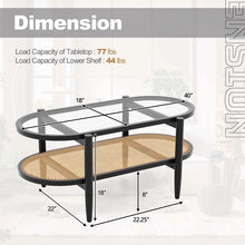 Load image into Gallery viewer, 2-Tier Oval Boho Coffee Table with Tempered Glass Top, Rattan Shelf &amp; Acacia Wood Frame, Mid Century Modern Center Table for Living Room Office