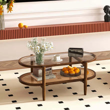 Load image into Gallery viewer, 2-Tier Oval Boho Coffee Table with Tempered Glass Top, Rattan Shelf &amp; Acacia Wood Frame, Mid Century Modern Center Table for Living Room Office