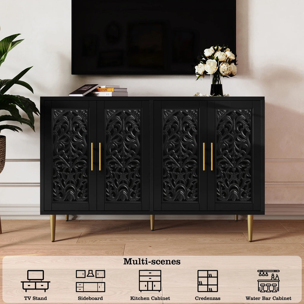 HLR 48" Accent Cabinet with 4 Doors, Vintage Hollow Carving Storage Credenza, Sideboards and Buffets Cabinet for Living Room, Kitchen, Dining Room, Entryway