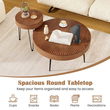 Load image into Gallery viewer, Boho Farmhouse Round Coffee Table Set of 2, Solid Pine Wood Nesting End Table with Metal Legs, Adjustable Foot Pads for Living Room
