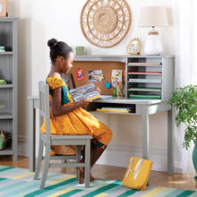 Load image into Gallery viewer, Guidecraft Kids Media Desk and Chair Set Gray: Kids Desk and Chair Set, Study Table for Kids with Hutch and Shelf, Wood Bedroom Furniture Set
