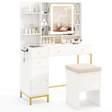 Load image into Gallery viewer, Makeup Vanity Table with 3 Lighting Modes, Mirrored Cabinet Door, Charging Station, Drawers, Shelves, Bedroom Makeup Dressing Table and Stool Set