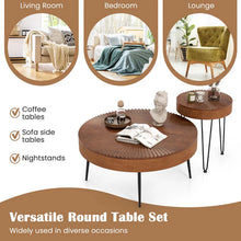 Load image into Gallery viewer, Boho Farmhouse Round Coffee Table Set of 2, Solid Pine Wood Nesting End Table with Metal Legs, Adjustable Foot Pads for Living Room