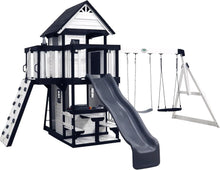 Load image into Gallery viewer, Backyard Discovery Canyon Creek Cedar Wood Swing Set with Wave Slide. Clubhouse. Play Kitchen. Picnic Area. Belt Swings. Web Swing. Rock Wall. Balconies. Playhouse. Step Ladder. Outdoor Playset