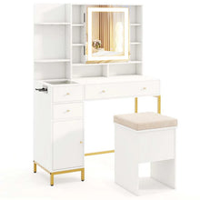 Load image into Gallery viewer, Makeup Vanity Table with 3 Lighting Modes, Mirrored Cabinet Door, Charging Station, Drawers, Shelves, Bedroom Makeup Dressing Table and Stool Set