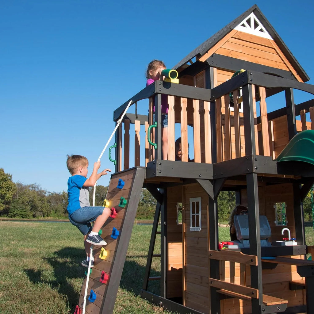 Backyard Discovery Canyon Creek Cedar Wood Swing Set with Wave Slide. Clubhouse. Play Kitchen. Picnic Area. Belt Swings. Web Swing. Rock Wall. Balconies. Playhouse. Step Ladder. Outdoor Playset