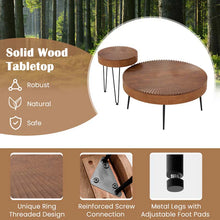 Load image into Gallery viewer, Boho Farmhouse Round Coffee Table Set of 2, Solid Pine Wood Nesting End Table with Metal Legs, Adjustable Foot Pads for Living Room