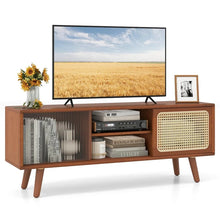 Load image into Gallery viewer, Mid Century Modern TV Stand for TVs up to 55", Bamboo Entertainment Center Media Console with Rattan &amp; Glass Sliding Doors, Adjustable Shelf