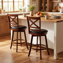 Load image into Gallery viewer, Set of 2 Swivel Counter Height Bar Stools, 25" Rubber Wood Barstools with High Back, Footrest &amp; Faux Leather Upholstered Seat for Kitchen Island