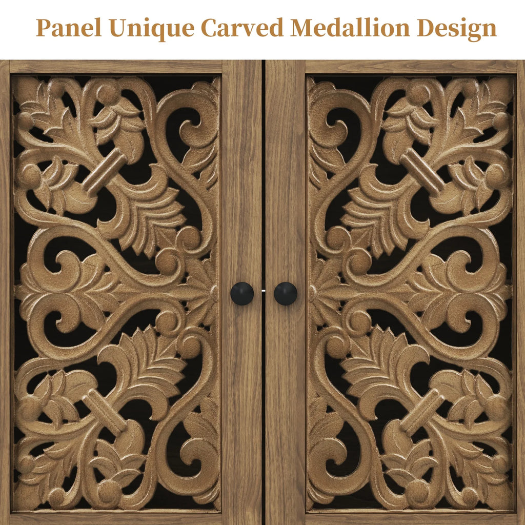 HLR 48" Accent Cabinet with 4 Doors, Vintage Hollow Carving Storage Credenza, Sideboards and Buffets Cabinet for Living Room, Kitchen, Dining Room, Entryway