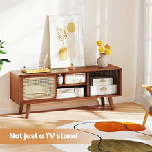 Load image into Gallery viewer, Mid Century Modern TV Stand for TVs up to 55", Bamboo Entertainment Center Media Console with Rattan &amp; Glass Sliding Doors, Adjustable Shelf