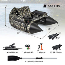Load image into Gallery viewer, Inflatable Fishing Float Tube, 350 LBS Capacity Belly Boat with Paddle, Flippers, Rod Holder, Fish Ruler, Pump, Storage Bag &amp; Adjustable Straps