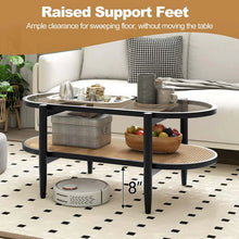 Load image into Gallery viewer, 2-Tier Oval Boho Coffee Table with Tempered Glass Top, Rattan Shelf &amp; Acacia Wood Frame, Mid Century Modern Center Table for Living Room Office