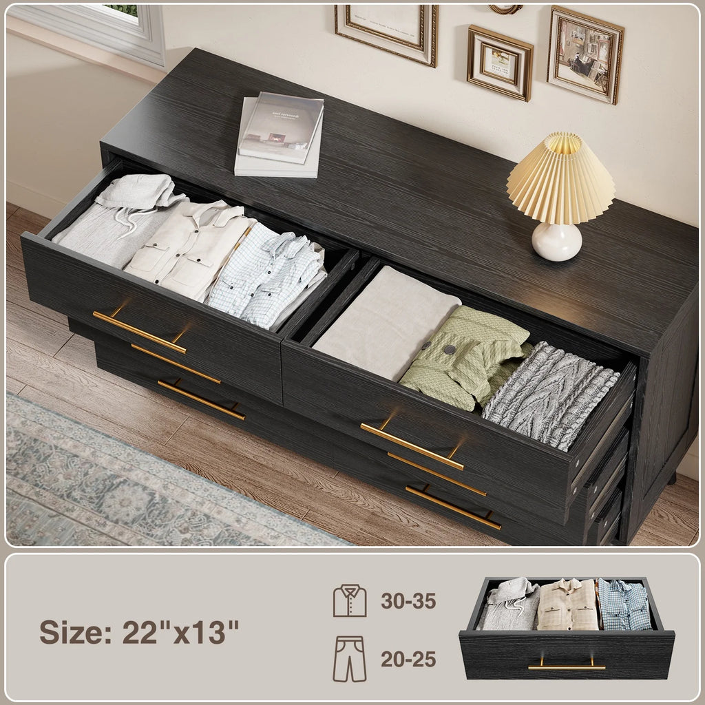 Noelse 3 Piece Bedroom Furniture Set, 6 Drawer Dresser with 2 Nightstands, Modern Wood Storage Organizer with Metal Handles for Bedroom, Living Room, Black