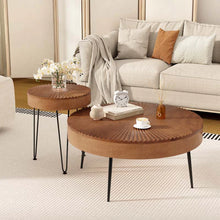 Load image into Gallery viewer, Boho Farmhouse Round Coffee Table Set of 2, Solid Pine Wood Nesting End Table with Metal Legs, Adjustable Foot Pads for Living Room