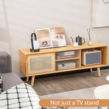 Load image into Gallery viewer, Mid Century Modern TV Stand for TVs up to 55", Bamboo Entertainment Center Media Console with Rattan &amp; Glass Sliding Doors, Adjustable Shelf
