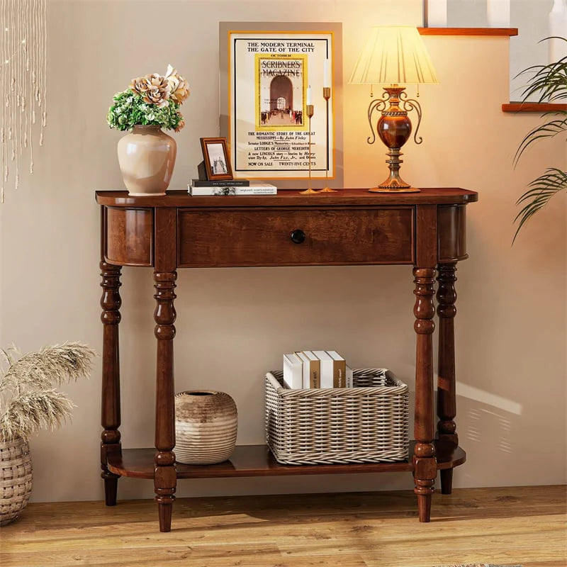 36" 2-Tier Retro Console Table with Storage Drawer & Open Shelf, Solid Wood Narrow Entryway Sofa Table for Living Room, Foyer & Hallway - White