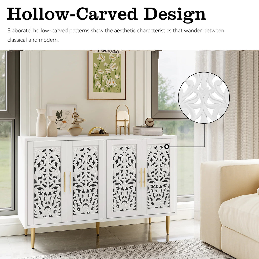 HLR 48" Accent Cabinet with 4 Doors, Vintage Hollow Carving Storage Credenza, Sideboards and Buffets Cabinet for Living Room, Kitchen, Dining Room, Entryway - 63"-Rounded Corners-Green