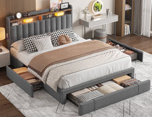 Load image into Gallery viewer, Enhomee Queen Bed Frame with 3 Storage Drawers Upholstered Queen Size Bed Frame with Headboard Noise Free Platform Bed with Metal Frame &amp; Wood Slats Support Beige Bedroom Furniture for Adults Clothes - King / Gray / with Storage Shelf