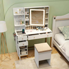 Load image into Gallery viewer, Makeup Vanity Table with 3 Lighting Modes, Mirrored Cabinet Door, Charging Station, Drawers, Shelves, Bedroom Makeup Dressing Table and Stool Set