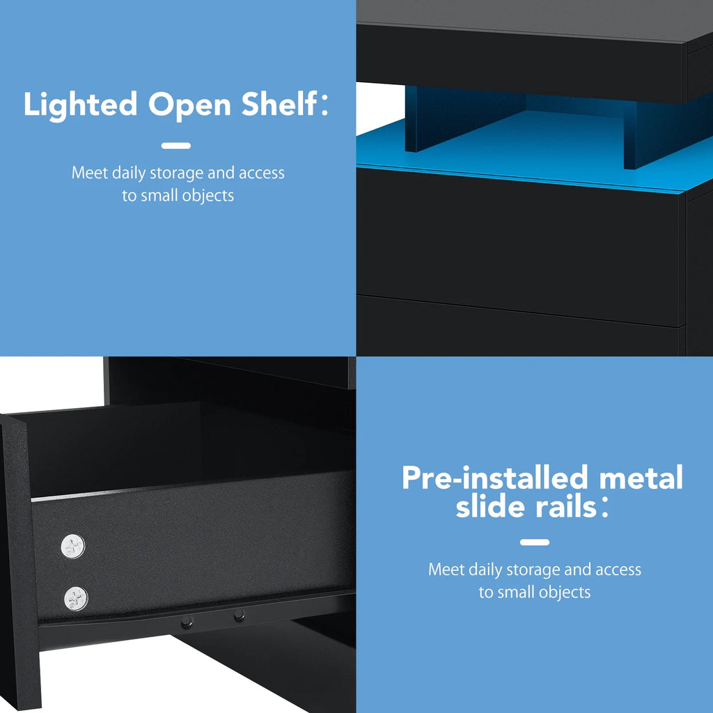 Hommpa LED Nightstand Wireless Charging Station USB Type C Outlets Bedside Table 3 Drawers Black Night Table Modern Smart Nightstand High Gloss End Side Table for Bedroom Furniture 26.8" Tall