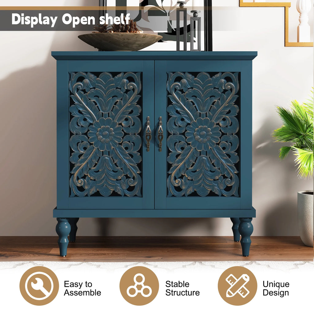 HLR 48" Accent Cabinet with 4 Doors, Vintage Hollow Carving Storage Credenza, Sideboards and Buffets Cabinet for Living Room, Kitchen, Dining Room, Entryway