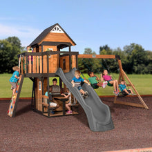 Load image into Gallery viewer, Backyard Discovery Canyon Creek Cedar Wood Swing Set with Wave Slide. Clubhouse. Play Kitchen. Picnic Area. Belt Swings. Web Swing. Rock Wall. Balconies. Playhouse. Step Ladder. Outdoor Playset