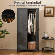 Load image into Gallery viewer, 62" Tall PE Rattan Wicker Wardrobe Closet Storage Cabinet with 2 Doors, Hanging Rod, 4 Storage Cubes, Metal Legs, Anti-tipping Device