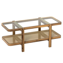 Load image into Gallery viewer, 2-Tier Rattan Coffee Table, 47.5" Solid Wood Rectangle Tea Table with Tempered Glass Top &amp; Storage Shelf, Farmhouse Boho Center Table for Living Room
