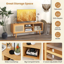 Load image into Gallery viewer, Mid Century Modern TV Stand for TVs up to 55", Bamboo Entertainment Center Media Console with Rattan &amp; Glass Sliding Doors, Adjustable Shelf