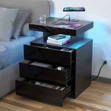 Load image into Gallery viewer, Hommpa LED Nightstand with Wireless Charging, USB Type-C Outlets and 3 Drawers, Black High Gloss Bedside Table, 26.8" Tall