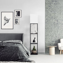 Load image into Gallery viewer, Modern Iron Shelf Floor Lamp with 3 - Way Dimmable LED Bulb, Shelves and White Shade for Living Room and Bedroom(Black)