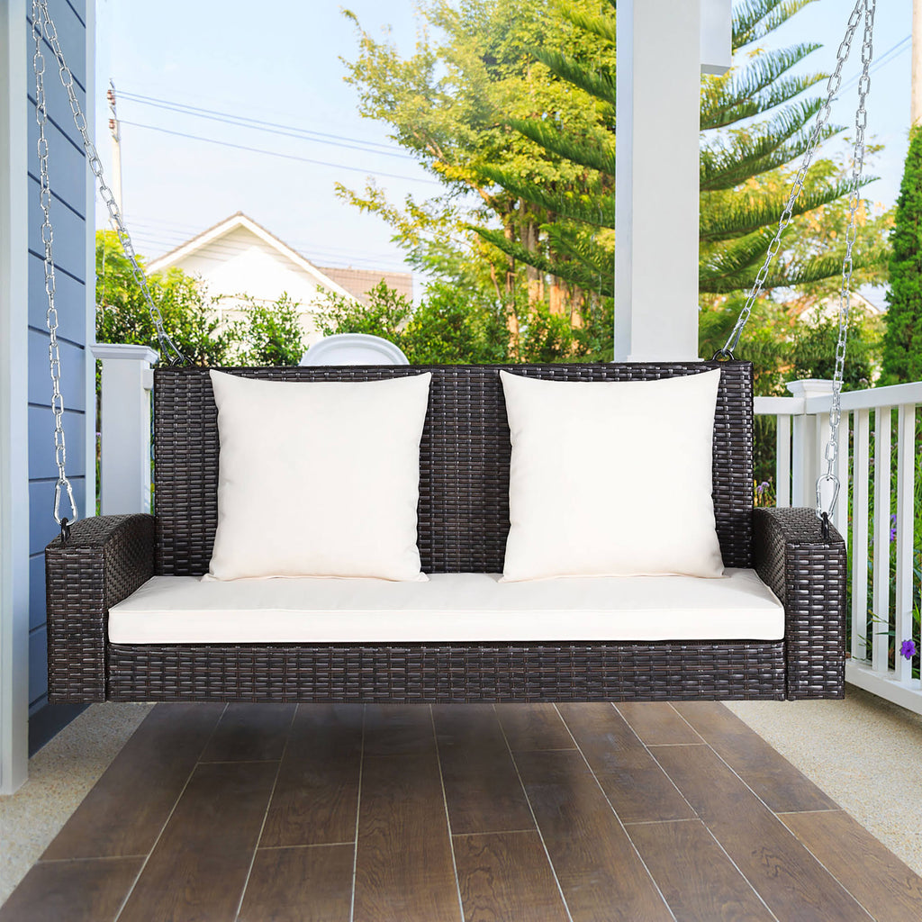 Costway 2-Person Patio Rattan Hanging Porch Swing Bench Chair Cushion Turquoise, Blue