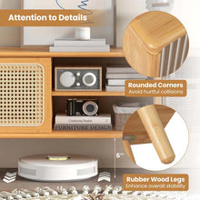 Load image into Gallery viewer, Mid Century Modern TV Stand for TVs up to 55", Bamboo Entertainment Center Media Console with Rattan &amp; Glass Sliding Doors, Adjustable Shelf
